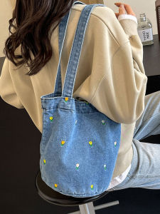 Large Capacity Denim Bucket Bag Womens Crossbody Handbag for Commuting And Class Versatile Carryall Tote Soft Shoulder Bag
