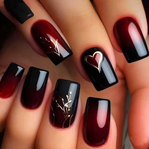 Cute heart fake nails for Valentines Day Wedding party Short Medium Square almond nail tips gradient black red press on nail