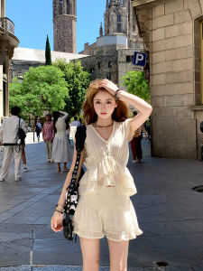 Ashy Snow Barcelona Walk Set Light Texture Lace Trim Shirt Top Short Skirt Two-Piece Womens Fashion Summer Outfit V-Neck Sleeveless