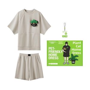YOUKESHU | Couples Cat Grass Sleepwear Cotton Polyester Blend Short Sleeve Round Neck Home Clothes New Arrival For Spring Autumn