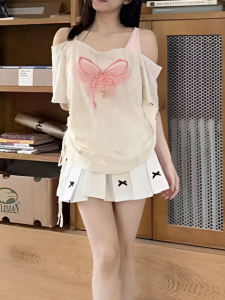สุภาพสตรี ฤดูร้อน ขนาดใหญ่ไหล่เปลือก หลวม เสื้อยืดแขนสั้นปลอมสองชิ้น สไตล์ลำลอง โพลีเอสเตอร์ Fiber Youth Fashion