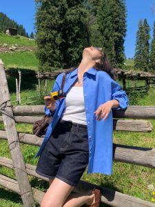 Pusumede Blue Note Basic Long Sleeve Loose Casual Shirt Womens Commute Personality Top Breathable Cotton Polyester Blend