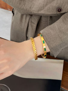 Fashionable Wide Version Titanium Steel Green Sapphire Twisted Rope Hand Bracelet Women's Jewelry