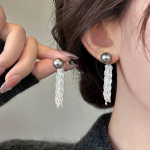Pure Silver Pearl Tassel Earrings Womens Fashion 2025 New Unique Design High-End Sensation Grey Linen Flowing Ear Jewelry
