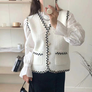 หลวม ถัก คอวี เสื้อกั๊ก ผู้หญิง แขนกุด แจ๊กเก็ต ฤดูใบไม้ร่วง ฤดูหนาว ใหม่สไตล์น้ําหอมขนาดเล็ก ขนสัตว์เทียม เสื้อแจ็คเก็ต Layering Top