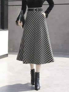 กระโปรงทรงเอเอวสูง ผ้าขนสัตว์ ลายสก็อต กระโปรงทรงร่ม กระโปรงยาวปานกลาง สไตล์ย้อนยุค ฤดูใบไม้ร่วง/ฤดูหนาว 2022