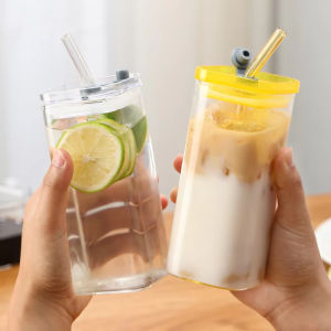 400ML Square Heat-Resistant Glass Coffee Cup with Lid and Straw Transparent Milk Tea Juice Cup Home Bar Drinkware