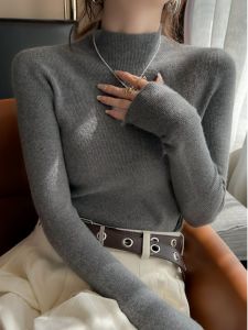 ผู้หญิง ผ้าขนสัตว์ ถัก เสื้อฐานคอกลาง ฤดูใบไม้ผลิ ฤดูใบไม้ร่วง 2024 สไตล์ใหม่เดินทางเวอร์ชั่นเกาหลี สลิมฟิต แขนยาวสีทึบ