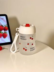 Portable High Borosilicate Glass Cup with Straw Cherry Design Female High Aesthetic Value Heat Resistant Water Cup LeChoup Official Store
