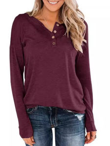Casual Long Sleeve round Neck Button T-Shirt Womens Pullover Top Breathable Comfortable Synthetic Fiber Universal Fit Loose Style