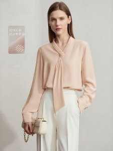 AMII | Fall New Commuter Style Pure Color Straight Barrel Pleats V-Neck Bow Blouse