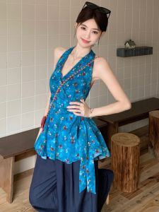 GUZILIAN | ชุดสองชิ้นคอวีหลังเปิด แขนกุด เอวสูง ทรงหลวม ลำลอง สำหรับผู้หญิงวัย 18-24 ปี ฤดูร้อน 2025 ชุดทำงานสไตล์เกาหลี