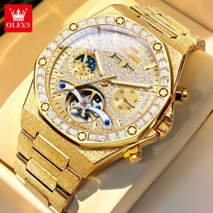 OLEVS 9805 Fashion Men Mechanical Watch Gift Stainless Steel Watchband Round-dial Wristwatch Moon Phase Month Display Week Display Calendar Luminous Year display