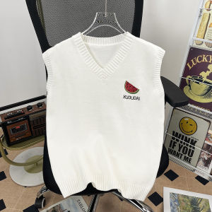 Japanese-Style Retro Embroider Knitting Vest Man Autumn and Winter Ins Hong Kong Style Loose V-neck Vest Preppy Style Bandage Dress Waistcoat
