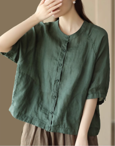 Retro Flax Open Cardigan Top Womens Spring Summer Thin Casual Cotton Linen Short Sleeve Shirt Artistic Commute Style