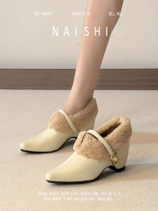 Leather French Style Gentle Winter Mary Jane Fluffy Pumps