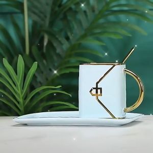 【One Cat Shop】Creative Bag Shaped Coffee Mug Dessert Plate Net Red Tracing Gold Coffee Cup and Plate Set Milk Tea Cup Home Decoration Gifts