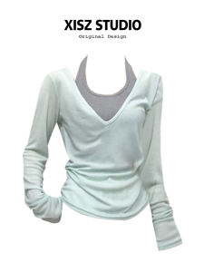 Korean Style V-Neck Thin Long Sleeve T-Shirt Womens Summer Lazy Loose Feeling Two-Piece Set Top with Strap Underwear