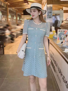 ชุดเดรสยาวปานกลางสง่างามสำหรับงานเลี้ยงฤดูร้อน คอตั้ง เอวสูง แขนสั้น กระโปรงทรงเอ ผ้าฝ้ายผสมโพลีเอสเตอร์ ชุดทำงานสีพื้น