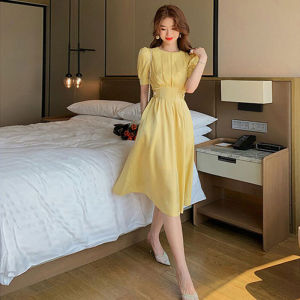 Summer 2025 Yellow Waist-Cinching A-Line Dress Elegant Ladylike Chic Style Commute Pure Color High Waist Zipper Short Sleeve Long Dress