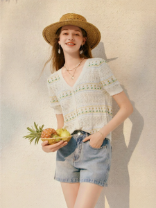 XIANGYING | Lace Hollow V-Neck Linen Lightweight Knit Top