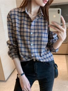 Cotton Plaid Shirt Women Spring New Retro BF Style Casual Versatile Collar Long Sleeve Fashionable Atmosphere Regular Length Loose Fit