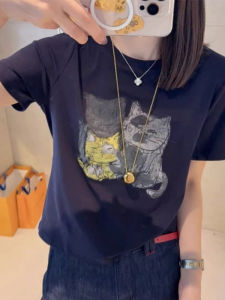 BINKAFENNY | Design Sensation Commute Round Neck Shoulder Cat Print T-Shirt Women Summer Elegance Unique Stylish Beautiful Short Sleeve Top