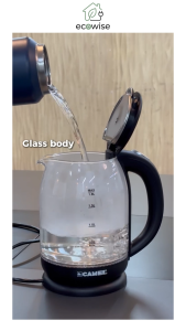EcoWise Camel CK-1840G Glass Electric Kettle 1.8L 1500W Cordless LED Indicator Auto Shut Off Borosilicate Glass Wide Mouth (Black)