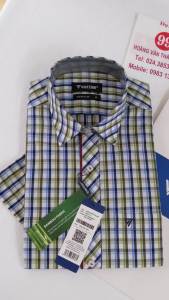 [Việt Tiến Sale] Sơ Mi Ngắn Tay - Super Slim - Vạt vuông - Kẻ ô xanh lá xen kẻ xanh da trời & ghi sẫm trên nền trắng