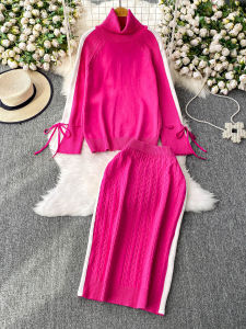 Fashionable Thickened High Collar Slim Fit Hoodie Knitted Sweater And High Waist Mini Skirt Two Piece Set for Young Women