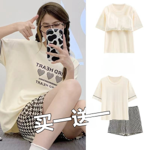 Buy One Get One Free Cotton Sleepwear Short Sleeve Thin Set for Women Summer Home Clothes with Chest Pad Integrated Design