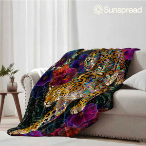 Beast Kingdom | Floral Golden Leopard Art Soft Warm Flannel Blanket Lightweight Cozy Christmas Halloween Home Decor Room
