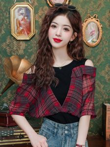 Fashionable Plaid Shirt Womens Short Sleeve Summer Shoulder Bared Loose Special Upper Apparel Korean Style Commute Pattern