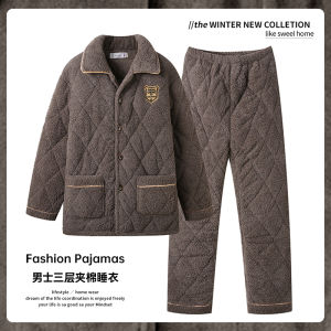 Warm Thickened Coral Fleece Pajamas Mens Sleepwear Three-layer Cotton Flannel Home Clothes Set Winter New Style PLANDOO