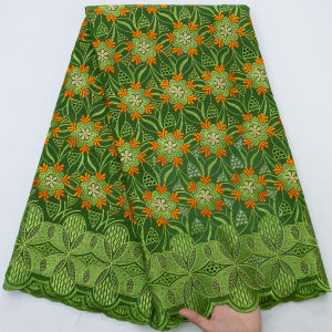 2026 African Swiss Voile Lace Fabric - Green with Orange Floral Embroidery Cotton Lace For Sewing Traditional African Clothing