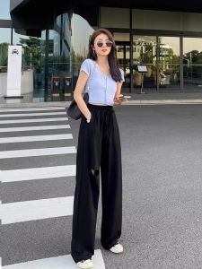 QIAONIAOGE | Quần ống rộng màu xám rách rưới cho nữ mùa hè mỏng thể thao quần dài thường ngày rộng rãi phong cách mới 2025