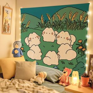 VIKAMA Warm Bedroom Sleeping Bear Tapestry Wall Art for Bedroom Living Room Decoration Grid Bedding Bear Healing Illustration