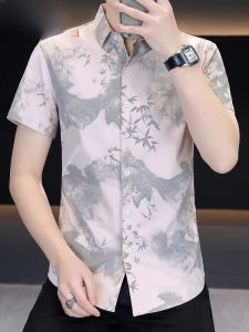 HENGYUANXIANG | Shirt Mens Short Sleeve Slim Fit Printed Chinese Watercolor Fashionable Summer New Style Polyester Fiber Button Design Shirt