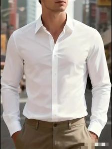 Mens High-Quality Spring Summer Long-Sleeve Casual Business Office Shirt Letter-Print Fashionable Top for Workwear