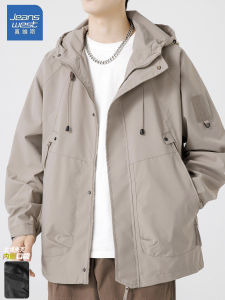 Jeanswest Mens Casual Khaki Faux Jacket Spring Autumn Loose Fit Outdoor Three-Proof Hooded Zipper Closure Polyester Fiber