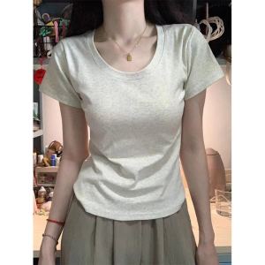 American Grey Short Sleeve U-Neck T-Shirt Womens Summer Vintage Spicy Basic Slimming Half Sleeve Top Korean Style Commute Pure Color