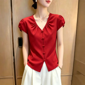 SHUAIYUE | Áo Sơ Mi Cổ V Tay Ngắn Thời Trang Nút Trung Quốc Form Rộng Giúp Gọn Gàng Màu Đỏ