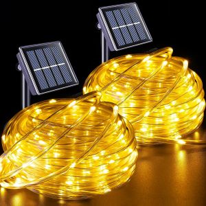 Solar Chirstmas Rope Lights Outdoor Waterproof LED String Lights Outdoor Clear PVC Tube White Fairy Lights for Party Deck Pool Yard Tree Fence Garden Porch RV Balcony Camping