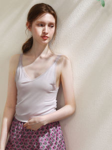 XEXZ | Áo ba lỗ ren lạnh bằng lụa băng dệt kim cổ chữ V màu trơn gợi cảm kiểu Pháp Áo lót mùa hè cho nữ