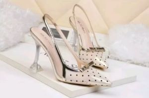 Sendal Sepatu Wanita Hak Kaca High Heels Model Brukat Polkadot Pantofel