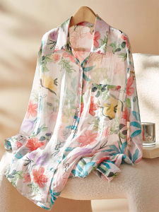 Ice Silk Sun Protection Tencel Lycell Floral Blouse