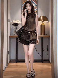 Shalldoer | Retro Chinese Style Printed Two-Piece Set Sleeveless Shirt & Wide Leg Shorts