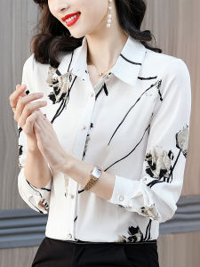 เสื้อเชิ้ตผ้าชีฟองพิมพ์ลายย้อนยุคสำหรับผู้หญิง แขนยาว ฤดูใบไม้ร่วง ดีไซน์ใหม่ ดีไซน์เก๋ไก๋ ลำลอง แฟชั่น เสื้อเชิ้ต