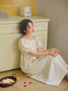 Comfortable Floral Embroidery Cotton Summer Dress Square Collar Loose Waist Vintage Artistic New Arrival Womens Dress