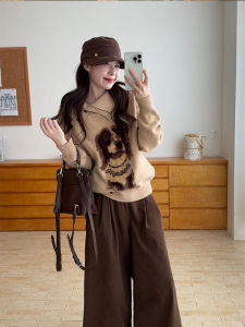 Retro Korean Loose Knitted Sweater with Button Collar Slimming Side Shoulder Design Dog Pattern Autumn Winter Fashion for Women